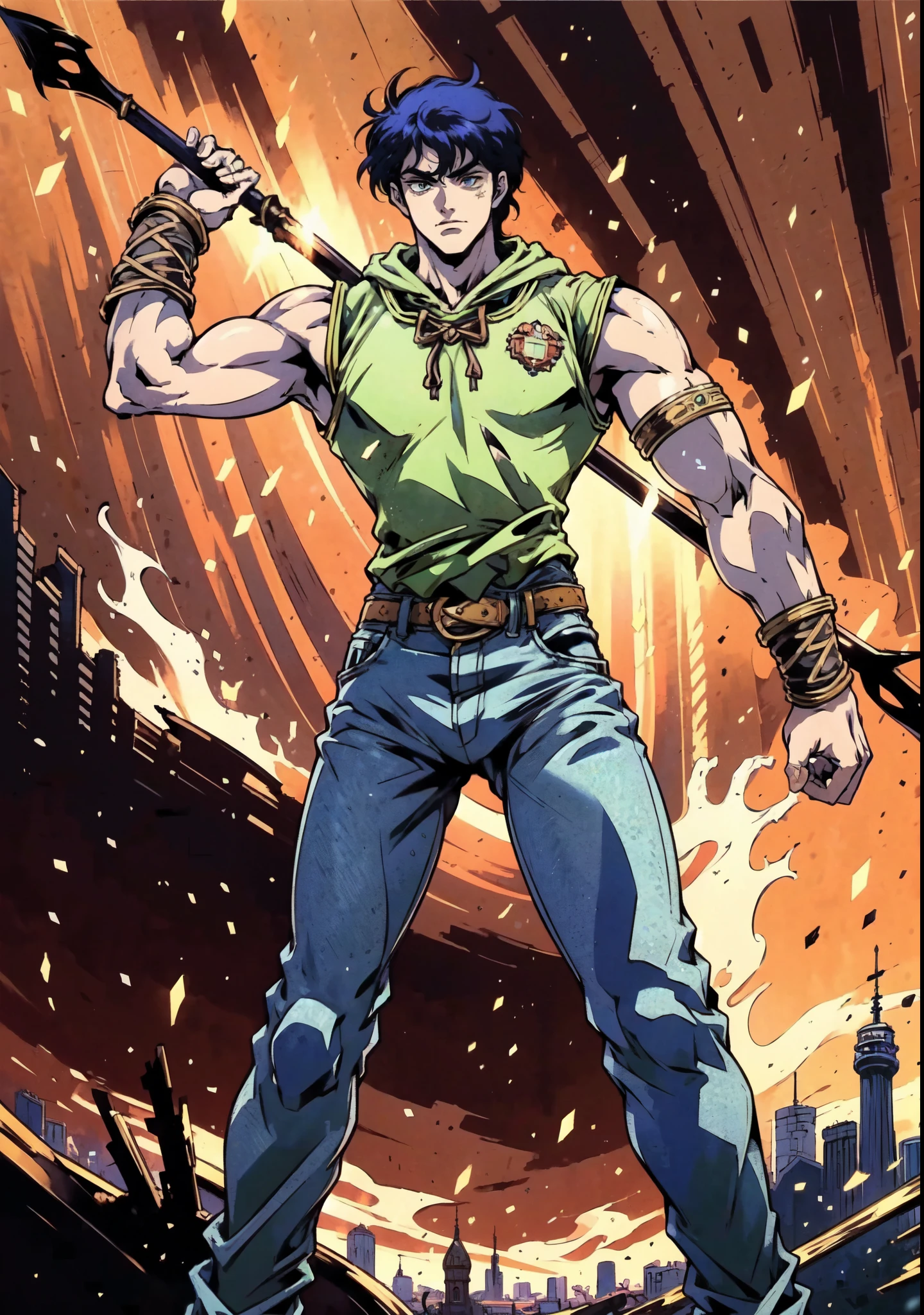 (masterpiece:1.2, best quality:1.2, extremely delicate:1.2), ((male:1.5)), a young man with messy blue short hair, three deep claw scars on his face, drooping eyelids, a lethargic expression, a faint smile, a tall and robust build, a blue-green fantasy-realism style shirt with a hood, one sleeve and the other side sleeveless, heavy iron wristbands, a belt, blue jeans, his right hand holds a spear behind his back, stands casually in front of the city gate, this character embodies a finely crafted fantasy-realism style spear warrior in anime style, exquisite and mature manga art style, dramatic, high definition, highres, ultra-detailed, ultra-fine painting, professional, perfect body proportions, golden ratio, anatomically correct, symmetrical face, extremely detailed eyes and face, high quality eyes, creativity, RAW photo, UHD, 32k, Natural light, cinematic lighting, (masterpiece-anatomy-perfect:1.2)