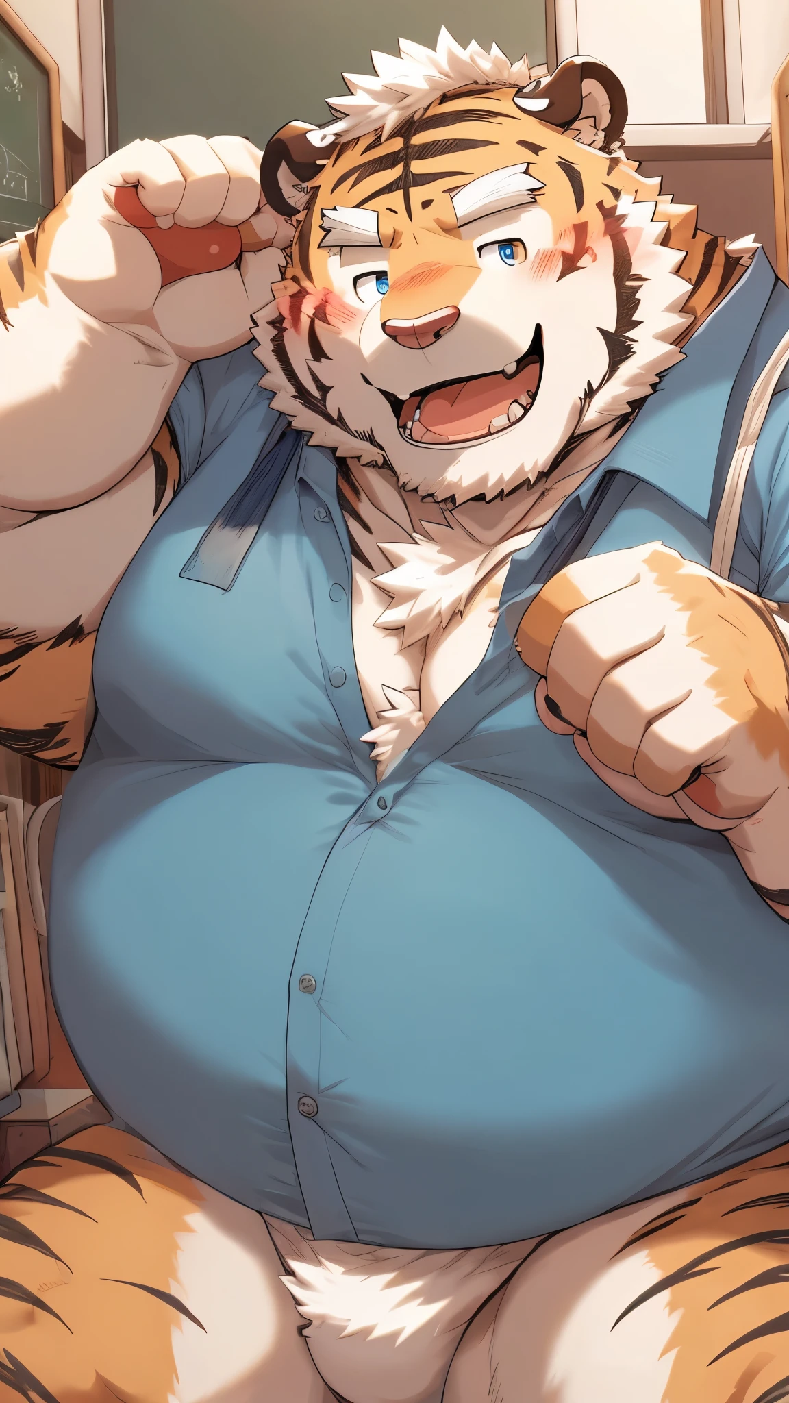 （（overweight））（Fat tiger beastman)(School Teacher、Blue Shirt)(blackboard)(Stripped naked)Happy，blush，Smiling at you，I&#39;ll give you an apple.，（Heterochromia with bright amber eyes，On the other side are eyes as blue as the ocean）Unique eyes，Round belly，Fluffy hair and cute little ears
