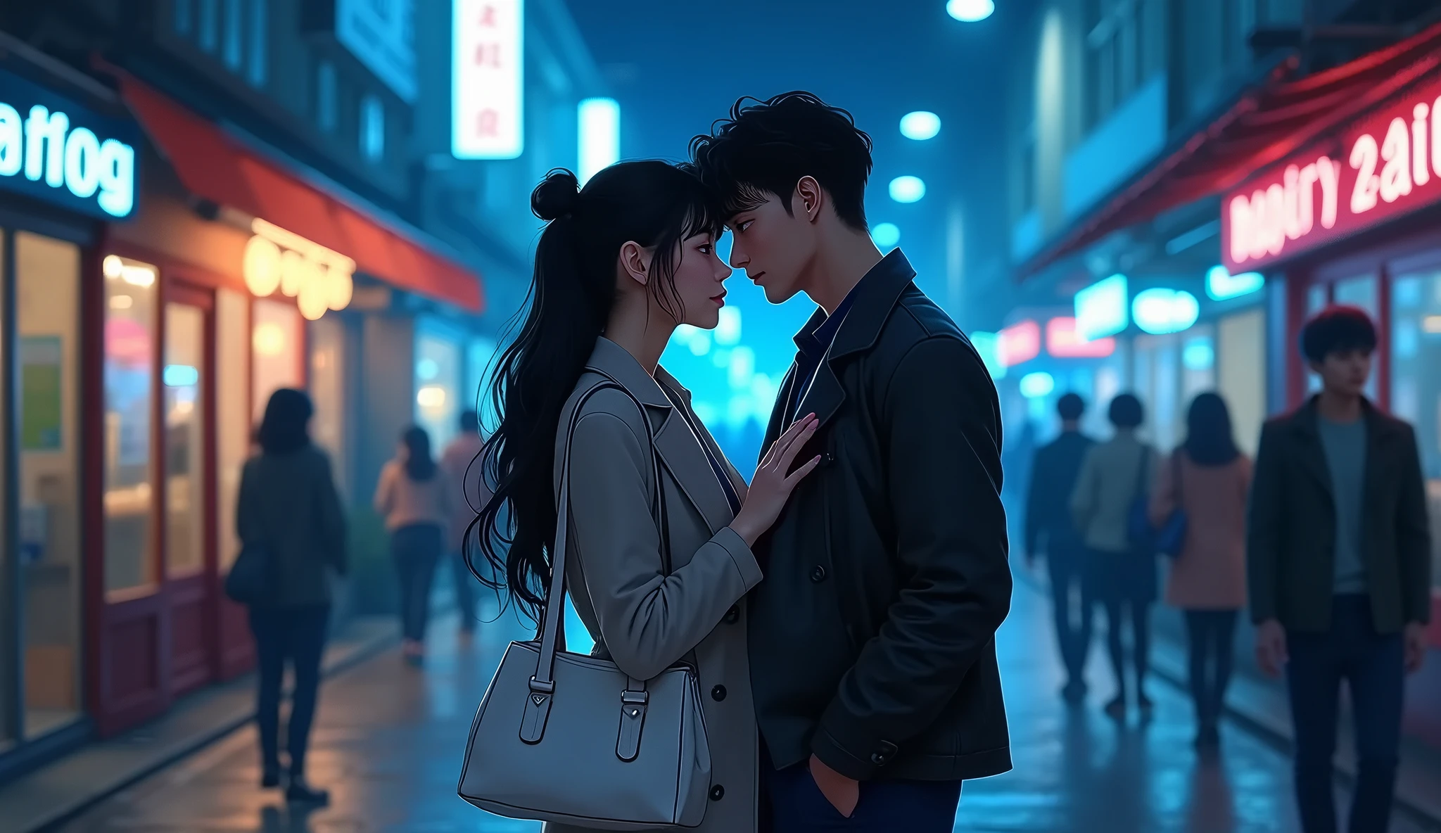 They are standing in a city street at night - SeaArt AI