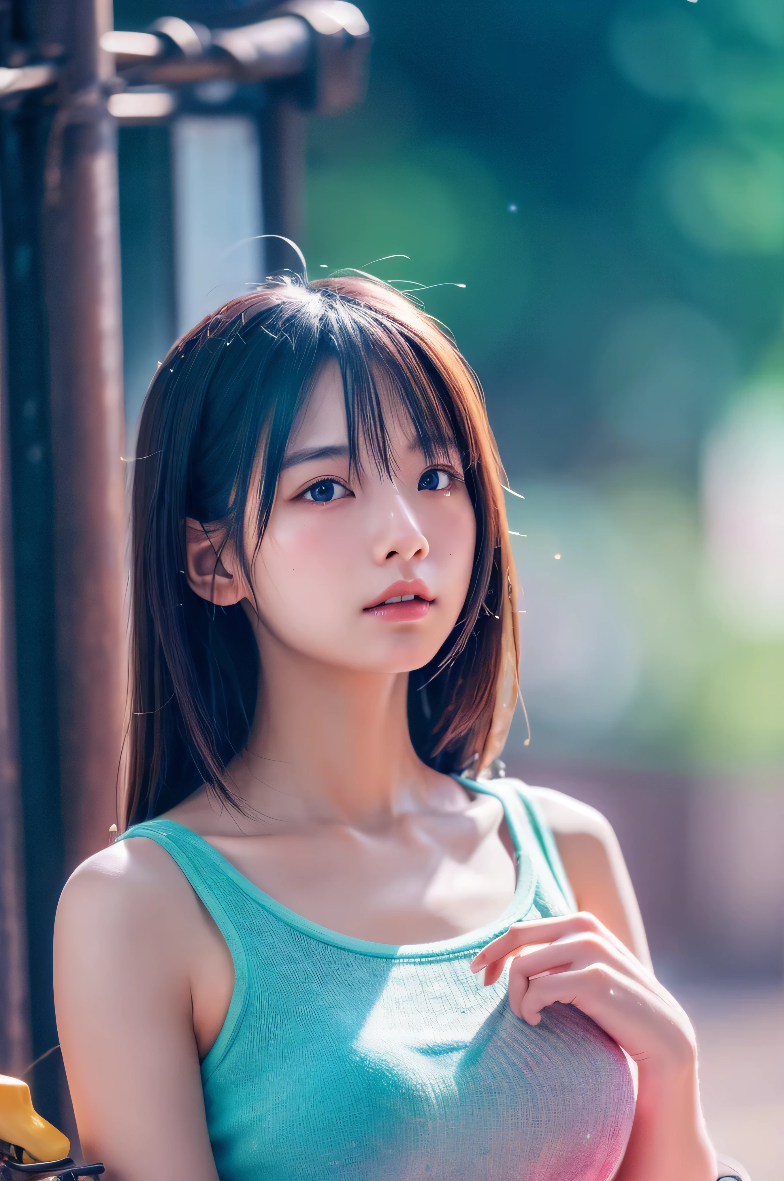 Ultra-high resolution, (Realistic: 1.4), RAW Photos, Highest quality, (Photorealisticistic), concentrated, Soft Light, (()), ((Japanese)), (front, Young Face))), (Depth of written boundary), (Cropped tank top), masterpiece, (Photorealistic), woman, bangs, (( Headband Top, Shorts, Medium bust, 1 girl)), Exposed Skin, Slender figure, Shibuya Station,