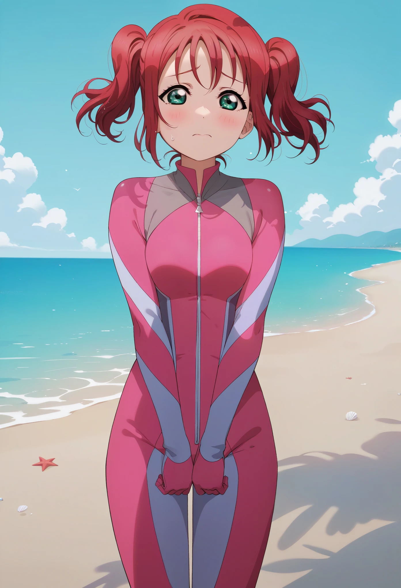 masterpiece, best quality, anime art, front light, solo, ruby kurosawa, twintails, bangs, (green eyes:1.3), red hair, aqua eyes, front view,pink diving bodysuit , love live ,standing,beach, blushing,shy,