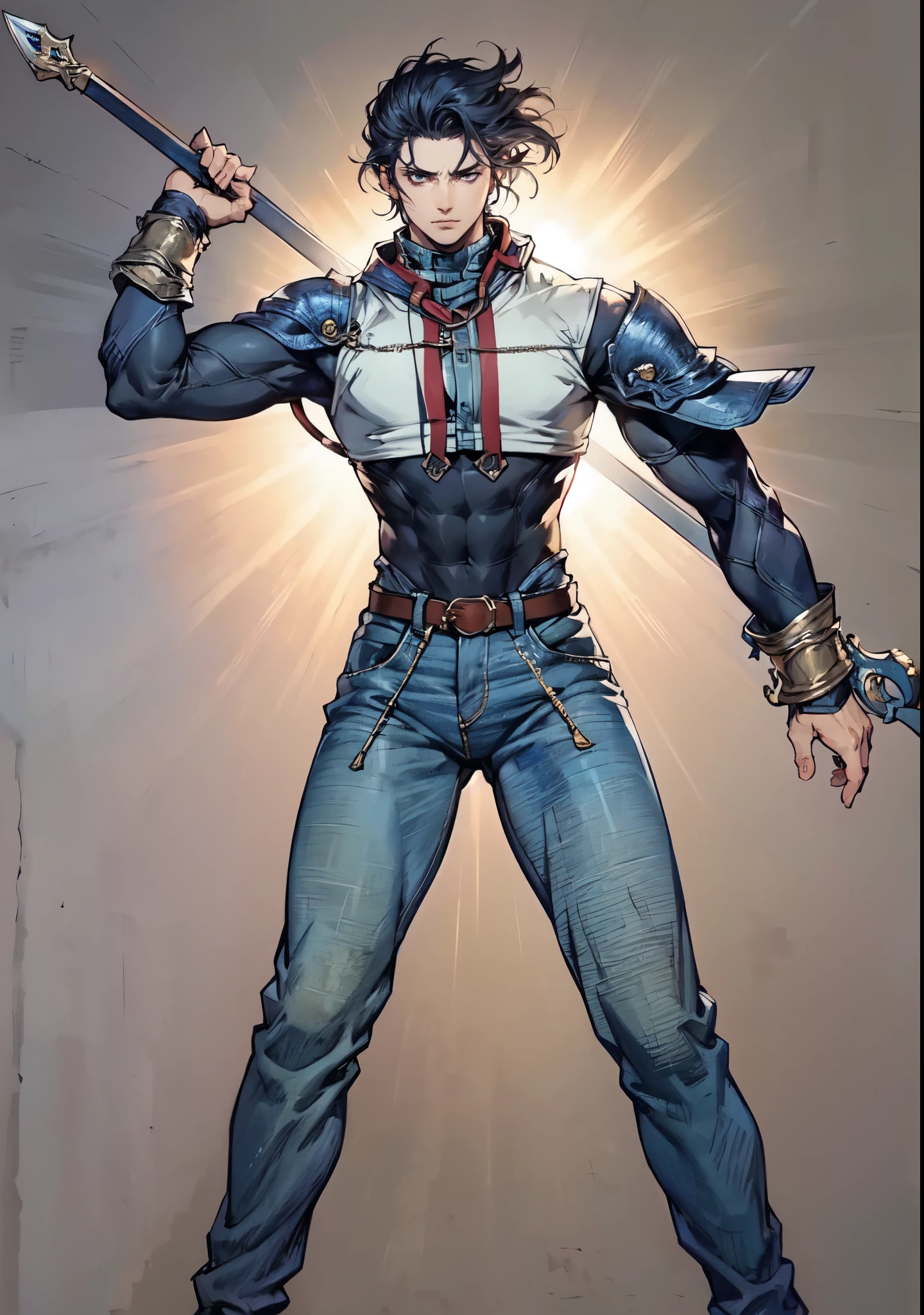 (masterpiece:1.2, best quality:1.2, extremely delicate:1.2), ((male:1.5)), a man with spiky short orange-red hair, side-parted bangs, a calm gaze, a faint smile, a mature and handsome face, dark skin, a tall and muscular build, a bare upper body, several strips of leather armor wrapped around his left shoulder and chest, wrist guards, loose beige cargo pants, standing in a massive circular arena, this character embodies a finely crafted fantasy-realist style gladiator in anime style, exquisite and mature manga art style, dramatic, high definition, highres, ultra-detailed, ultra-fine painting, professional, perfect body proportions, golden ratio, anatomically correct, symmetrical face, extremely detailed eyes and face, high quality eyes, creativity, RAW photo, UHD, 32k, Natural light, cinematic lighting, (masterpiece-anatomy-perfect:1.2)