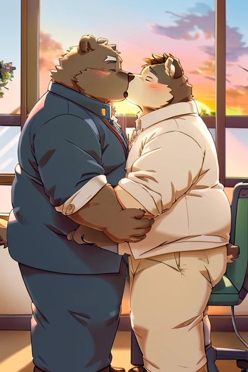 Weight gain、Being overweight、（（male））（（Dog and bear））、fur、Fluffy、cute、blush（（Wearing gakuran））（（teacher、student、School、classroom、Desk and chair、Study、During class)）（（夕方のclassroom、Sunset from the window））（（Kissing））