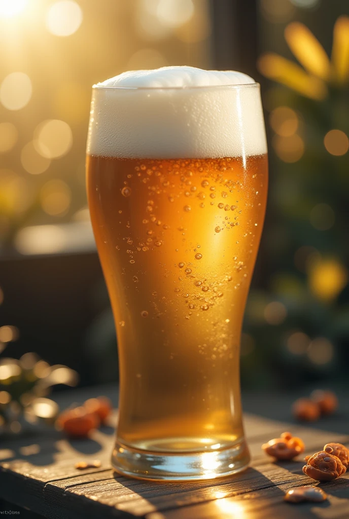 This picture is a tall, Transparent glass filled with golden beer. There is a layer of foam on the beer, Foamy white foam，Thick and creamy, Bubbles cling to the surface. The glass is slightly to the right, Almost full. Strong beer in the glass, gold, Reflecting its rich nature. There is a thin layer of foam on the inside of the glass, Increase visual appeal. Background gradient from dark to light, The darker part at the bottom transitions to the lighter part, Almost white, top, creating a dramatic contrast. The overall lighting is soft and warm, Casts soft shadows，Highlights the texture of the foam and the clarity of the beer. The image exudes a sense of refreshment and indulgence, Perfectly captures the essence of craft beer.