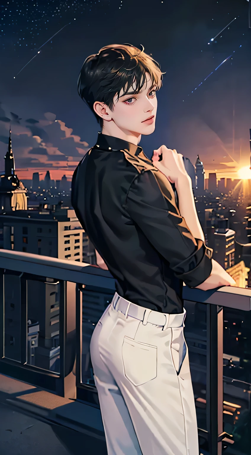 ((4K works))、​masterpiece、(top-quality)、One Beautiful Boy、Slim body、tall、((Black Y-shirt and white pants、Charming street style))、(Detailed beautiful eyes)、Stylish English Black Balcony、Castle inhabited by villains、Black shop window、Balcony at night、((Starry sky in the background))、((dark sky))、((Stylish cityscape))、((Shot on a stylish veranda))、mid night、((Short-haired black hair))、((Smaller face))、((Neutral face))、((White eyes))、((American adult male))、((Adult male 26 years old))、((Cool Men))、((Like a celebrity))、((Gentle look))、((Korean Makeup))、((elongated and sharp eyes))、((Happy dating))、((boyish))、((Upper body photography))、Professional Photos、((Shot alone))、((shot from back))、((Shot so that the back of the head is visible))、((Shot in close proximity to him))、((Focus zoom in))、((He is watching the sunset))、((He is standing on the balcony))