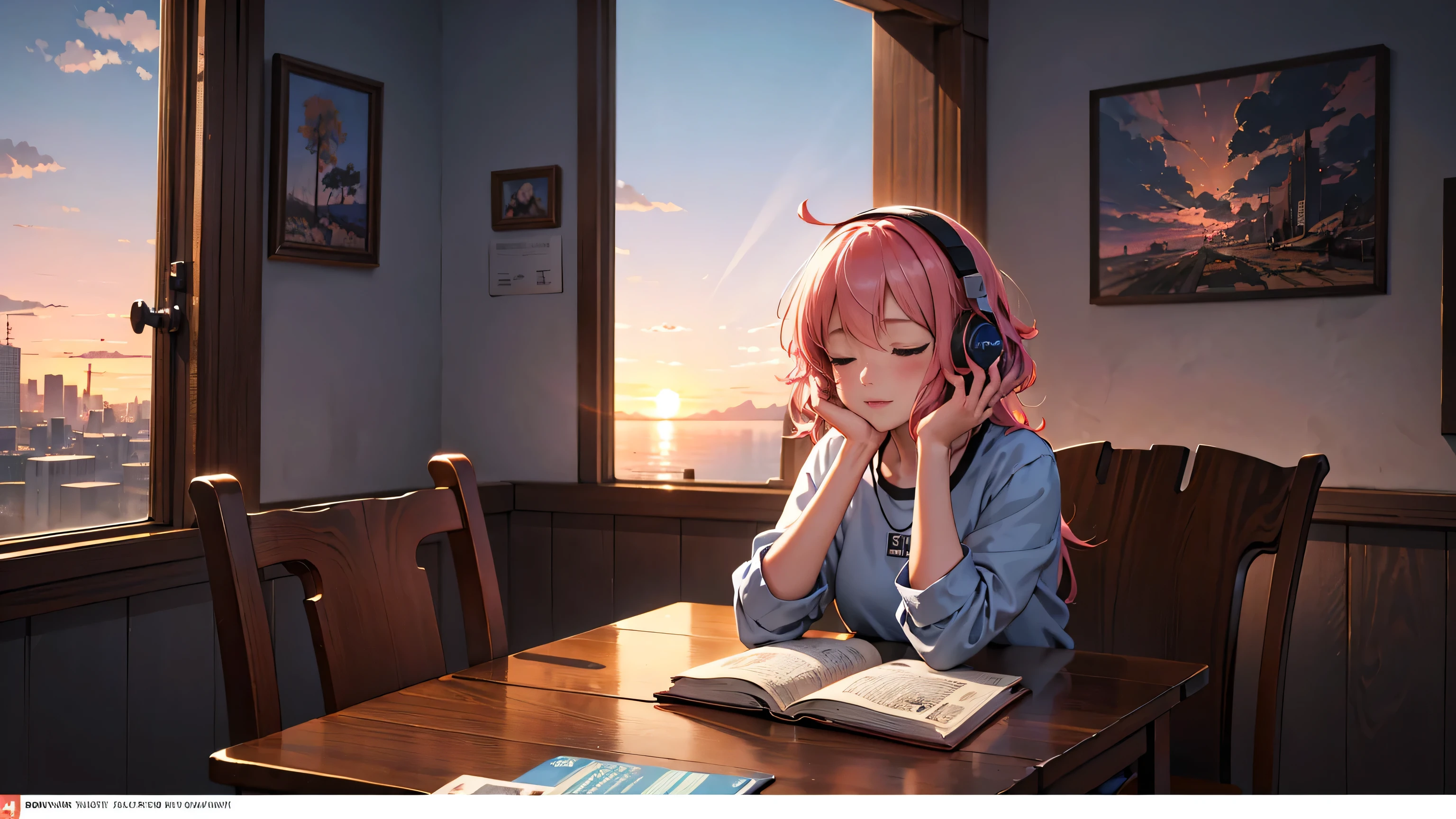 Anime girl wearing headphones napping at a table with a book, Anime atmosphere, LOFI Girl, Lofi Artstyle, Anime art wallpaper 4 K, 4k anime art wallpaper, Sunset Sky, 4k anime style, 8k anime art wallpaper, anime aesthetic, Lofi Art, 4k anime wallpaper, Anime wallpaper 4k, Relaxing atmosphere