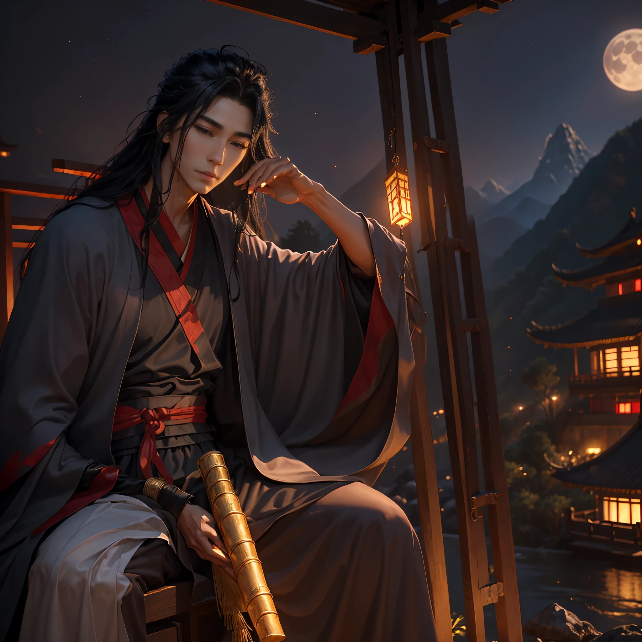 a handsome black haired long haired youth playing flute, Chinese landscape, bamboo forest, ancient Chinese architecture, pagodas, mountains, starry night sky, (best quality,4k,8k,highres,masterpiece:1.2),ultra-detailed,(realistic, photorealistic,photo-realistic:1.37),intricate details,vibrant colors,dramatic lighting,chinese aesthetics,cinematic composition, wei wuxian, handsome black haired long haired youth, playing flute, chinese landscape, bamboo, pagodas, chinese architecture, chinese aesthetics, mountains, starry night, fairytale atmosphere, fireflies, big beautiful moon, falling sakura, wind, sakura petals, wei wuxian playing bamboo flute in the wind