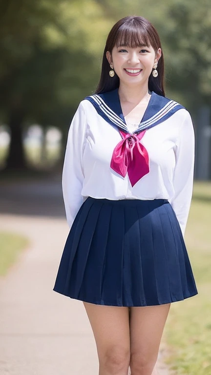 Japanese Mature,(65 years old:1.2),White skin,(chubby body,Large Breasts,Emphasizes plump thighs:1.5),(Japanese high school uniform,Sailor uniform,neckerchief,Ultra short micro mini skirt,Short socks,Wearing loafers,earrings:1.2),(Standing in the park,Full body shot from head to toe:1.2),Mature woman wearing high school uniform,full body,looking at viewer,smile,surrealism, depth of field, from below, Sony FE, 8k