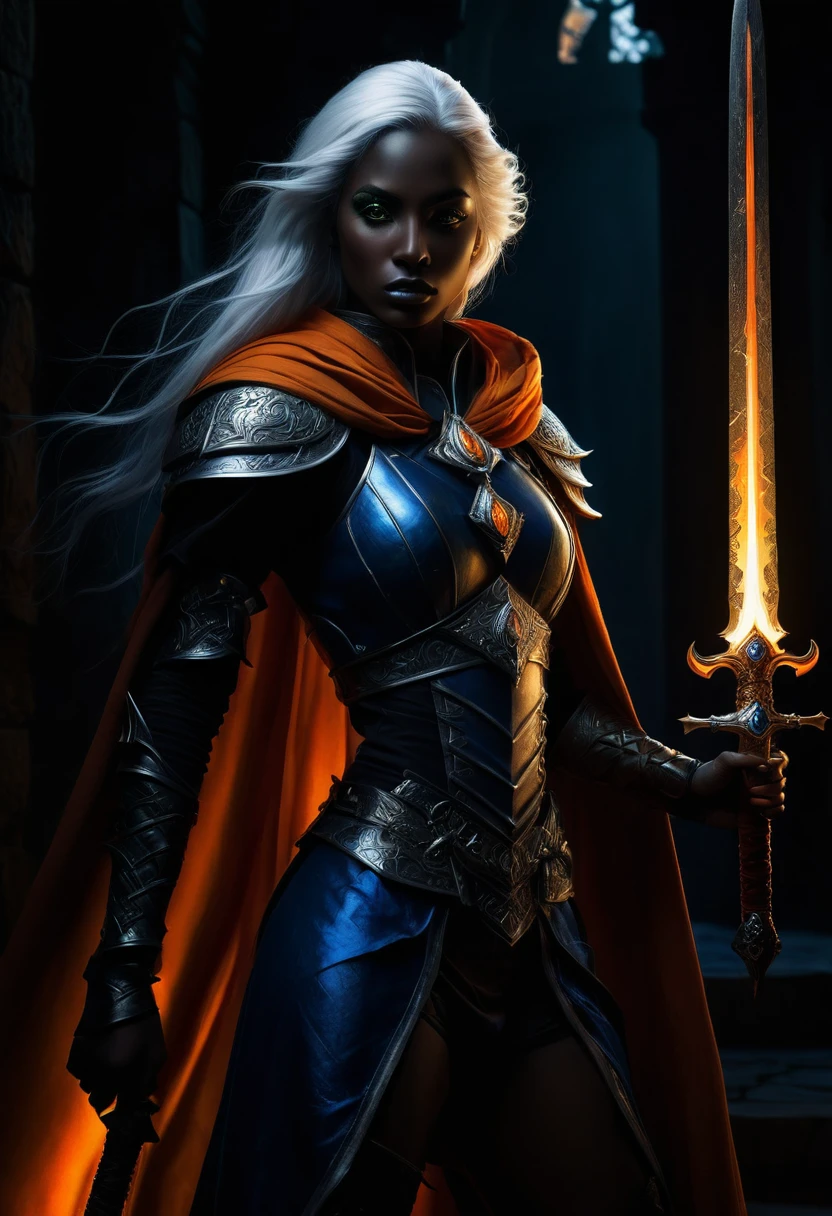 fantasy art, dnd art, RPG art, drkfntasy wide shot, (masterpiece: 1.4) portrait, intense details, highly detailed, photorealistic, best quality, highres, portrait a vedalken female (fantasy art, Masterpiece, best quality: 1.3) (blue colored skin: 1.3), intense details facial details, exquisite beauty, (fantasy art, Masterpiece, best quality)cleric, (blue colored skin: 1.3) 1person blue_skin, (white hair: 1.3), long hair, intense green eye, fantasy art, Masterpiece, best quality) armed a fiery sword red fire, wearing heavy (white: 1.3) half plate mail armor LnF wearing high heeled laced boots, wearing an(orange :1.3) cloak, wearing glowing holy symbol GlowingRunes_yellow, withasy temple background, reflection light, high details, best quality, 16k, [ultra detailed], masterpiece, best quality, (extremely detailed), close up, ultra wide shot, photorealistic, RAW, fantasy art, dnd art, fantasy art, realistic art