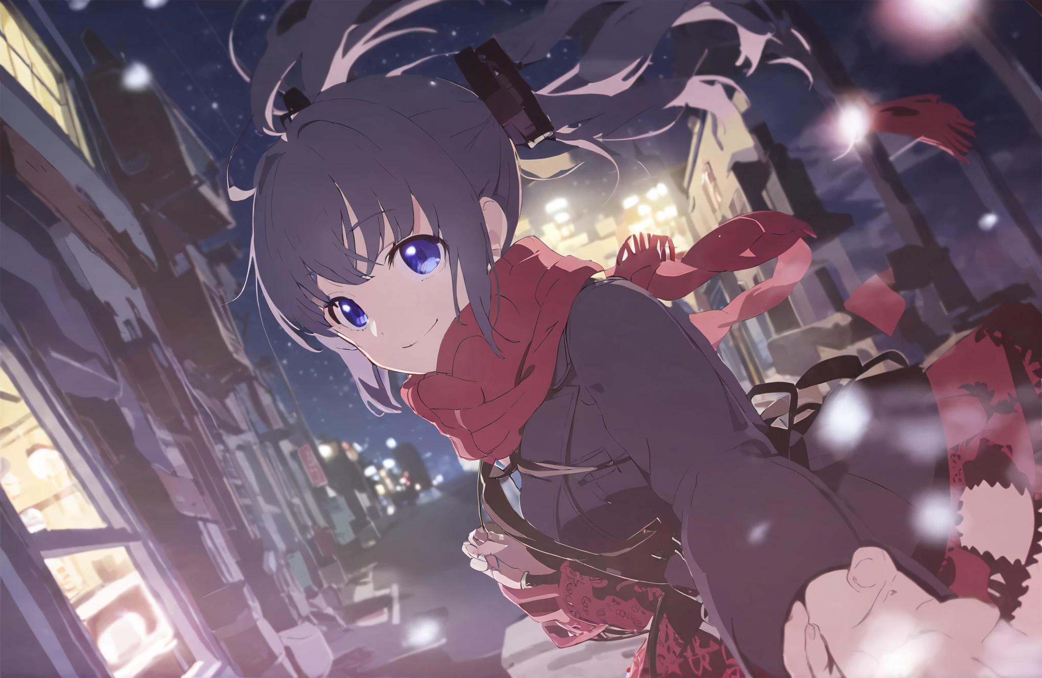 1 Girl，Profile，Blue Eyes，Black twin ponytails，Dark red lace skirt，Glowing pigeon，night，Light Particles，Blurred foreground，Fisheye lens，Looking out the window，Smile，scarf