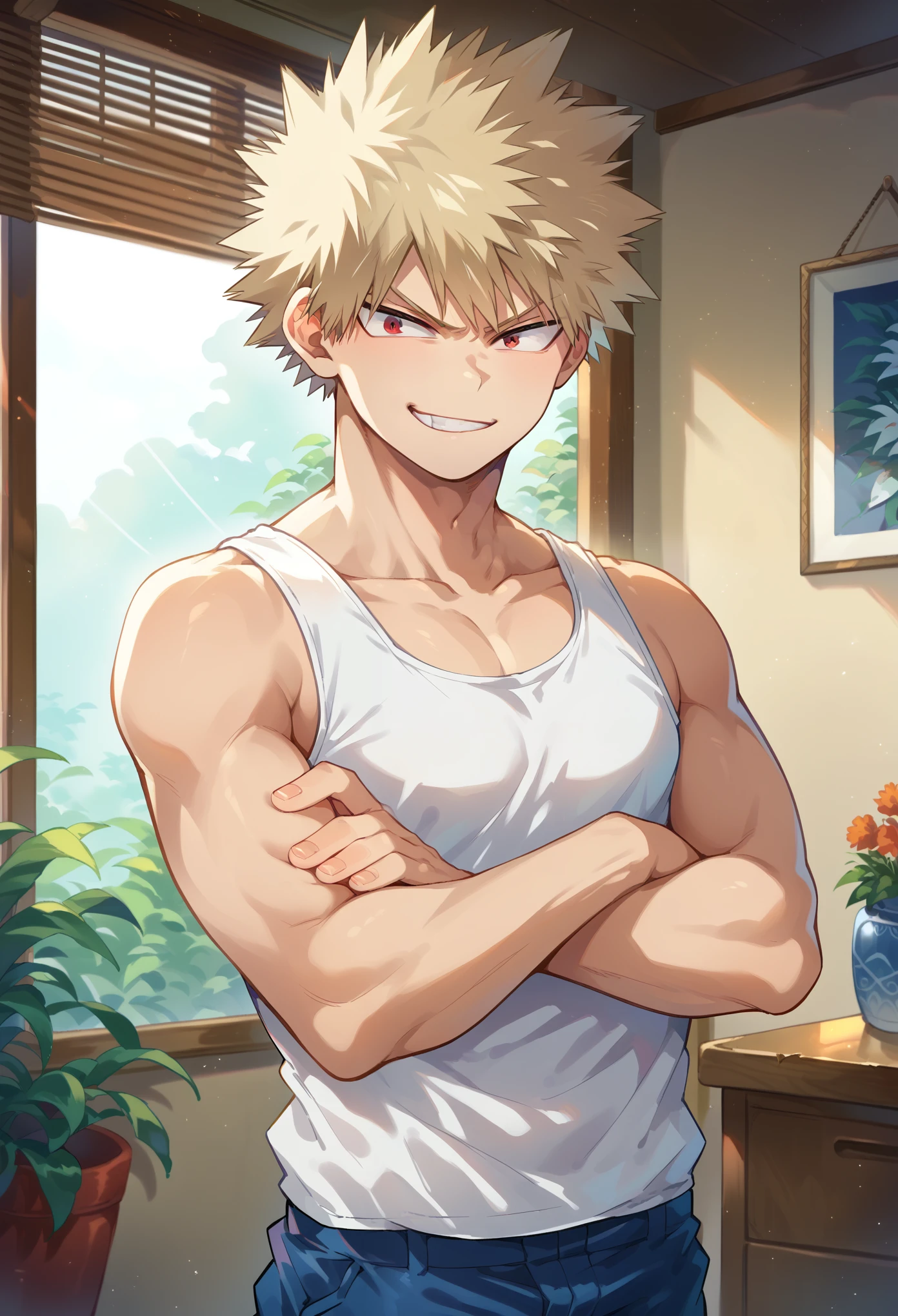 score_9, score_8_up, score_7_up, 1boy, solo, male focus, bakugou,blonde hair,red eyes,short hair,spiked hair, white tank top, blue pants, crossed arms,  smirk, standing, looking at you, indoors, hall