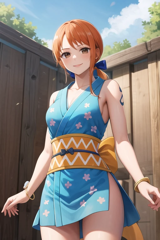 masterpiece, Best Quality, High resolution, We (one piece), Long Hair, orange hair, Low Ponytail, Hair Ribbon, Blue ribbon, Brown eyes, clavicle, Clevis, Short kimono, Blue Kimono, Sleeveless, Exposing arms, bracelet, sash, heart, standing, Cowboy Shot, smile, Outdoor