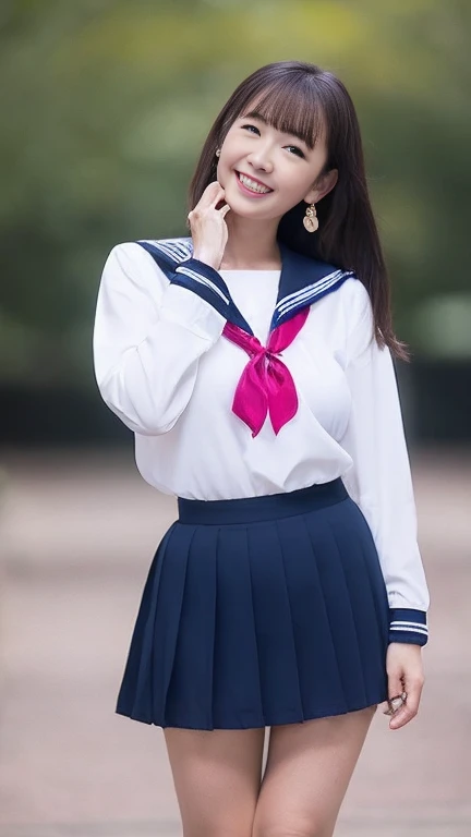 Japanese Mature,(65 years old:1.2),White skin,(chubby body,Large Breasts,Emphasizes plump thighs:1.5),(Japanese high school uniform,Sailor uniform,neckerchief,Ultra short micro mini skirt,Short socks,Wearing loafers,earrings:1.2),(Standing in the park,Full body shot from head to toe:1.2),Mature woman wearing high school uniform,full body,looking at viewer,smile,surrealism, depth of field, from below, Sony FE, 8k, arms up, nsfw