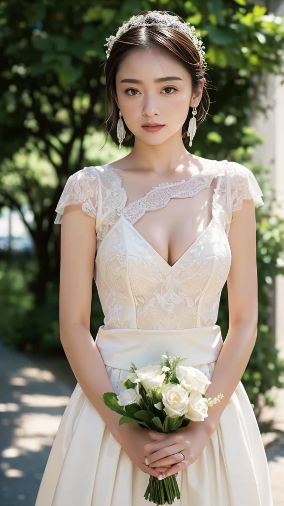 High resolution、masterpiece、Textured Skin、High image quality、超High resolution、Very detailed、woman、Look at, low length、Large Breasts、Anatomically correct, Short Hair、Sexy mini skirt wedding dress、