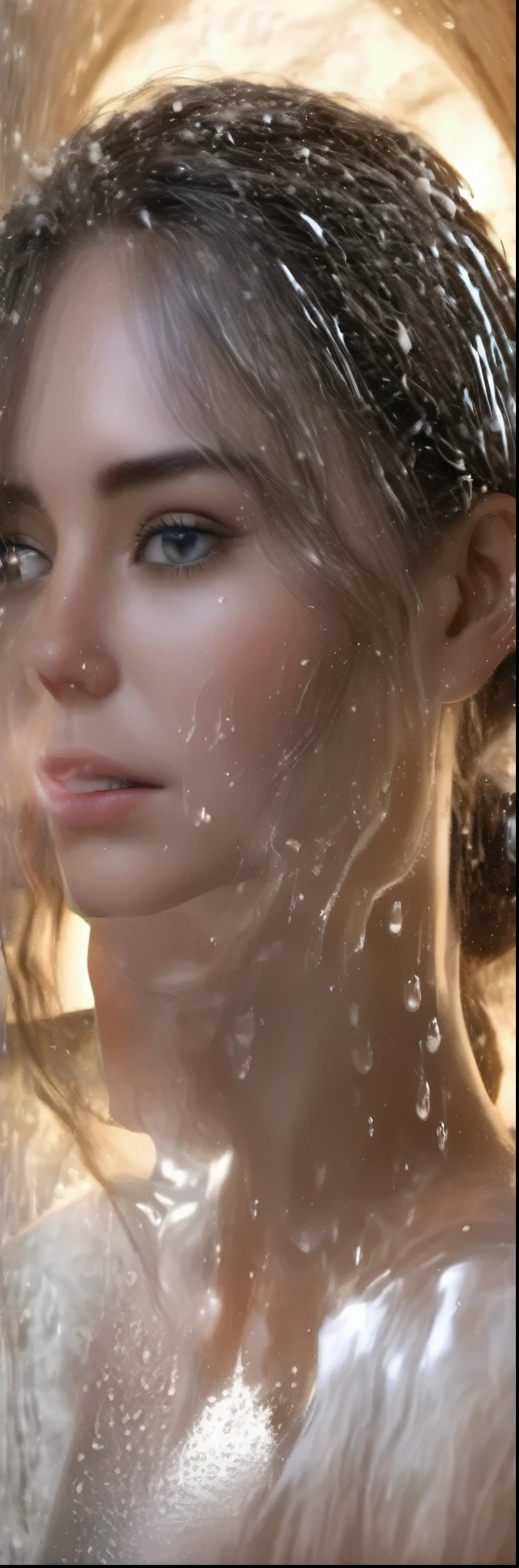 A young woman covered in foamy white bubbles, serene facial expression, dripping wet, long wet hair, beautiful detailed eyes, beautiful detailed lips, extremely detailed face and skin, smooth porcelain skin, graceful posture, peaceful, tranquil, ethereal, (best quality,4k,8k,highres,masterpiece:1.2),ultra-detailed,(realistic,photorealistic,photo-realistic:1.37),HDR,studio lighting,vivid colors,dynamic composition,cinematic lighting,dramatic shadows,moody atmosphere