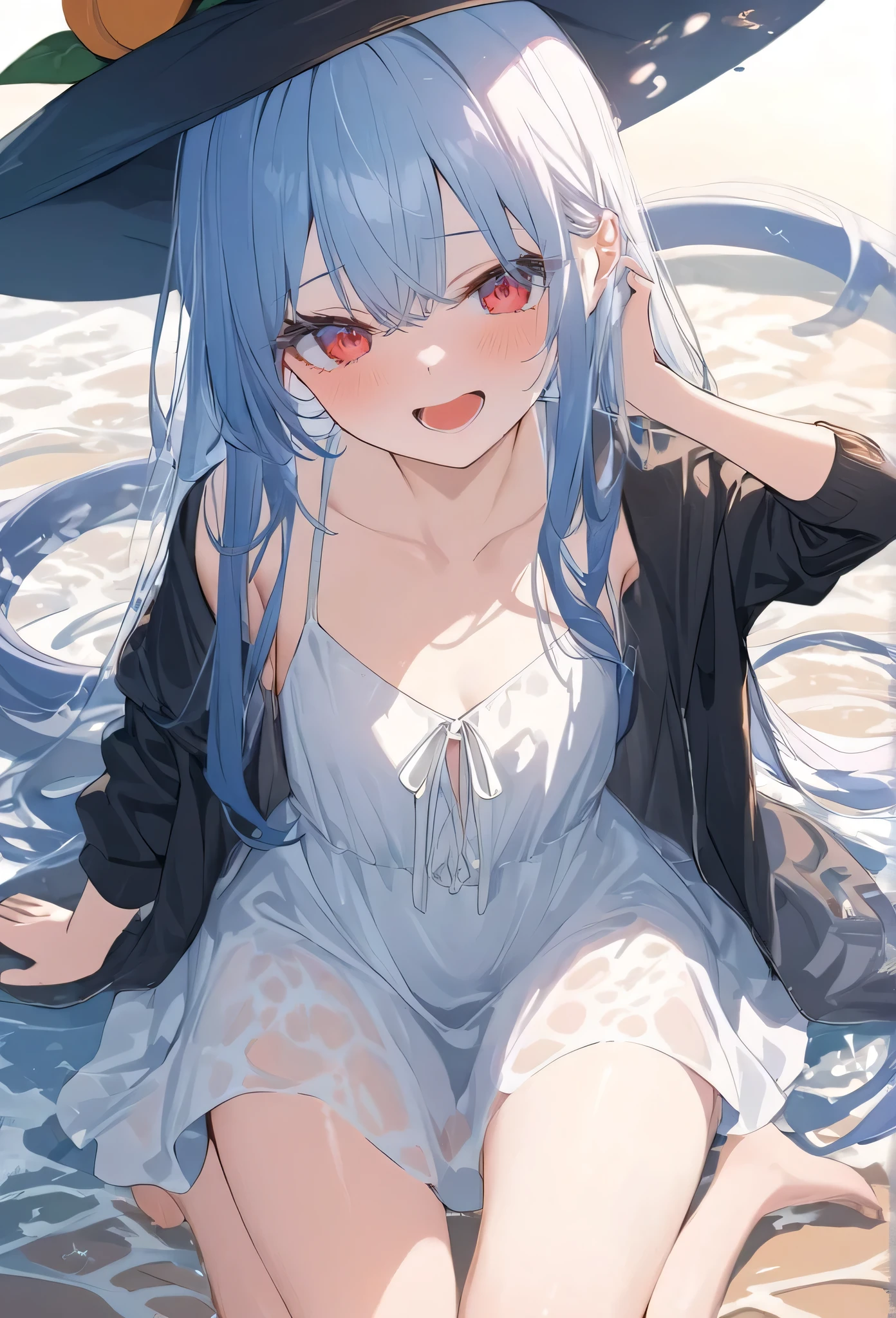 masterpiece，high quality，The best，official art，Beautiful and picky，Very detailed（Fractal Art 1.2），Rich colors，Most detailed，a girl，dark blue long hair，long bangs，bright red eyes，pale albinism，barefoot，Wearing a pure white summer dress，Wearing a jacket that is not the right size，Wearing a witch hat，blush, open mouth, double tail, blue hair/watercolor hair,  looking at the audience, （surprise, ）