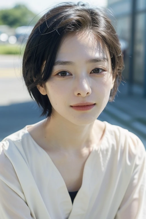 One girl, alone, androgynous, boyish、Droopy eyes、ennui、Fair skin、Sleepy face、Beauty、middle age, Japanese lady, short Hair, accurate, Anatomically correct, Smile