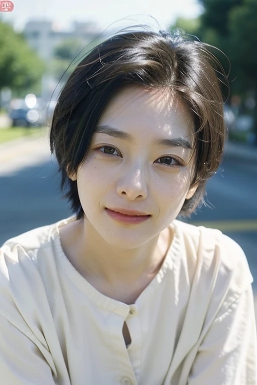 One girl, alone, androgynous, boyish、Droopy eyes、ennui、Fair skin、Sleepy face、Beauty、middle age, Japanese lady, short Hair, accurate, Anatomically correct, Smile