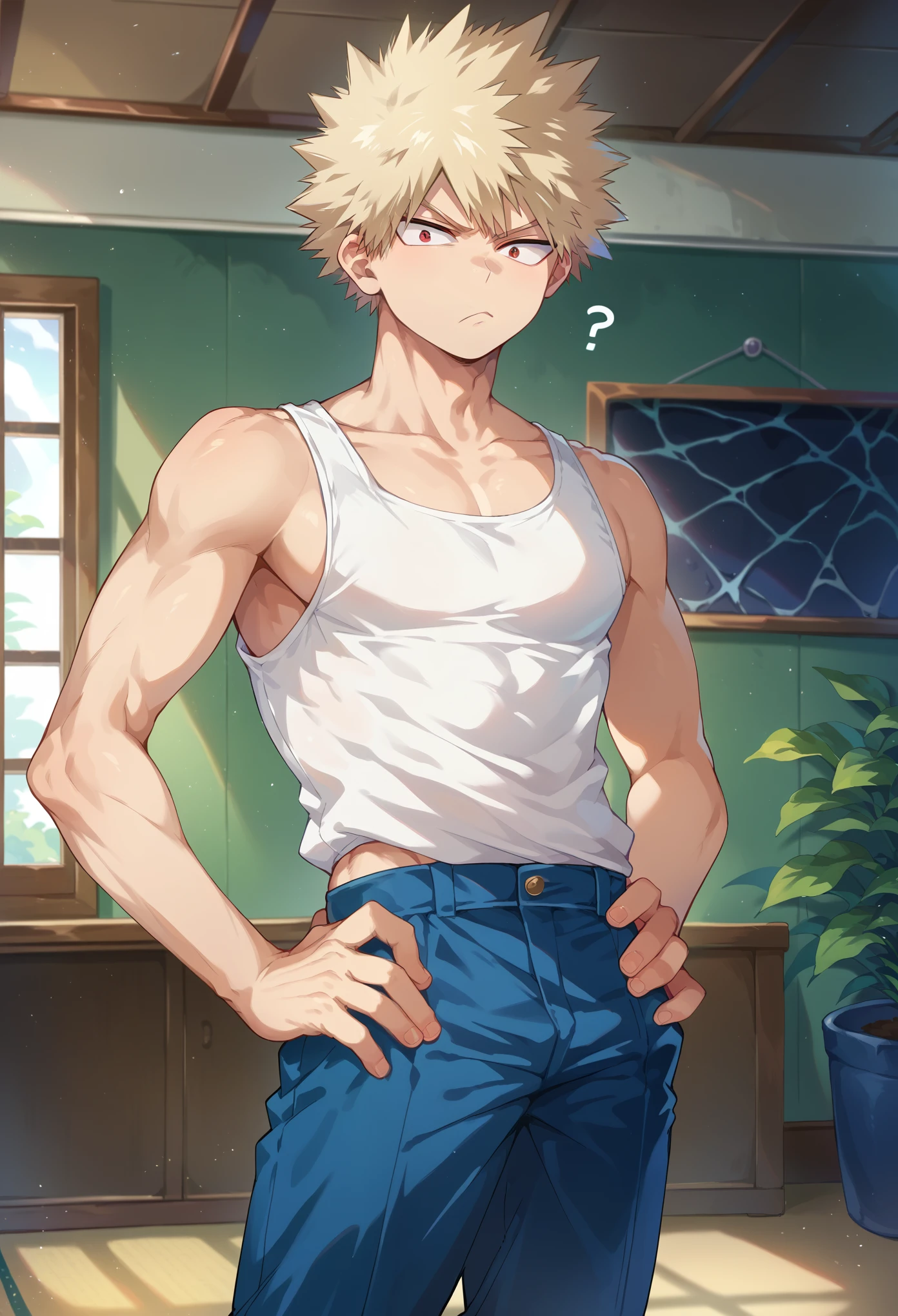 score_9, score_8_up, score_7_up, 1boy, solo, male focus, bakugou,blonde hair,red eyes,short hair,spiked hair, white tank top, blue pants, hands on waist, confused, frown, standing, looking at you, indoors, hall