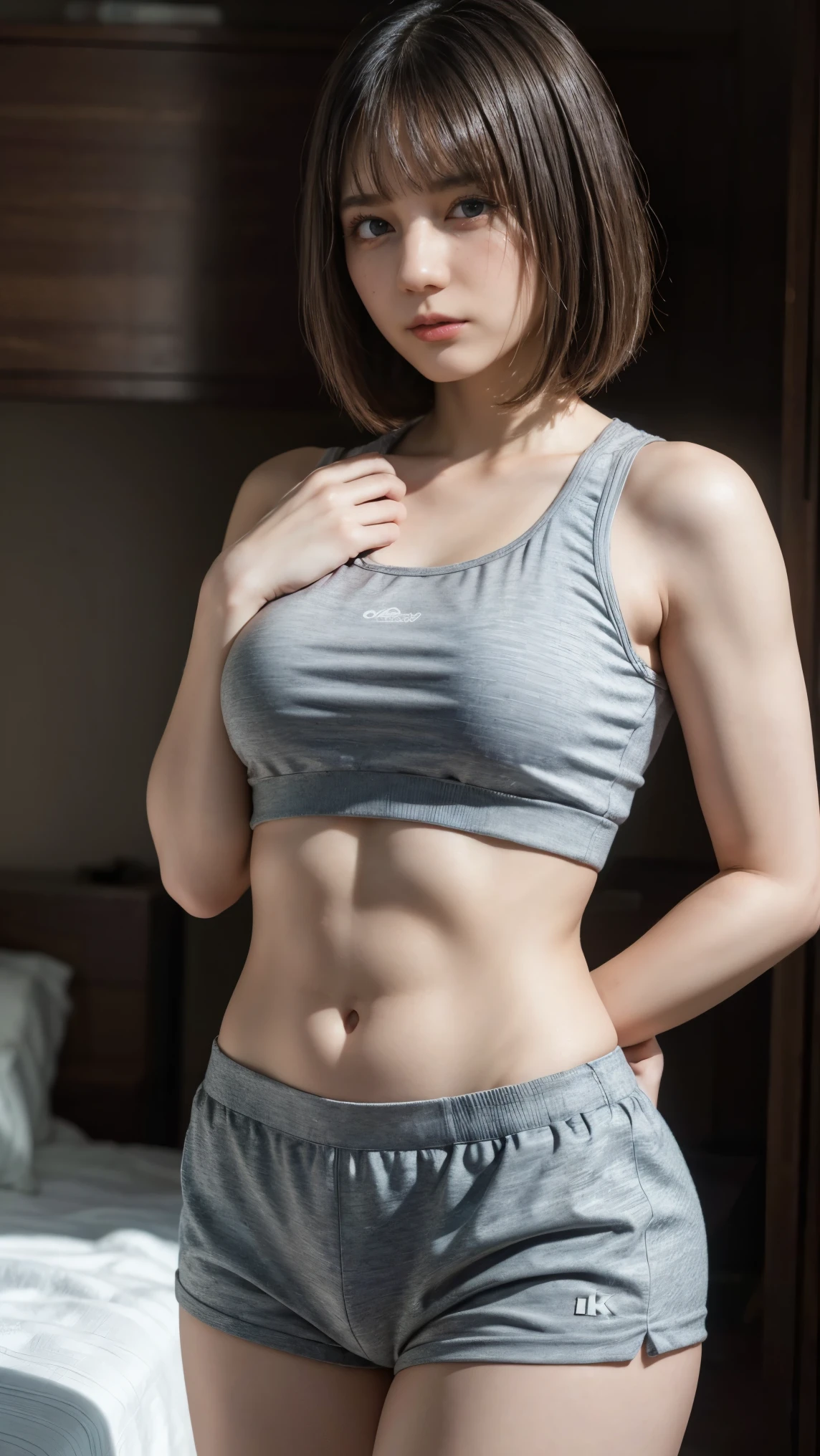 1girl, beautiful detailed eyes, beautiful detailed lips, extremely detailed face, long eyelashes, large breasts, midriff tank top, short bob haircut, grey boxer shorts, bedroom interior, moody lighting, (best quality,4k,8k,highres,masterpiece:1.2),ultra-detailed,(realistic,photorealistic,photo-realistic:1.37),cinematic lighting, dramatic shadows, warm color palette, chiaroscuro lighting