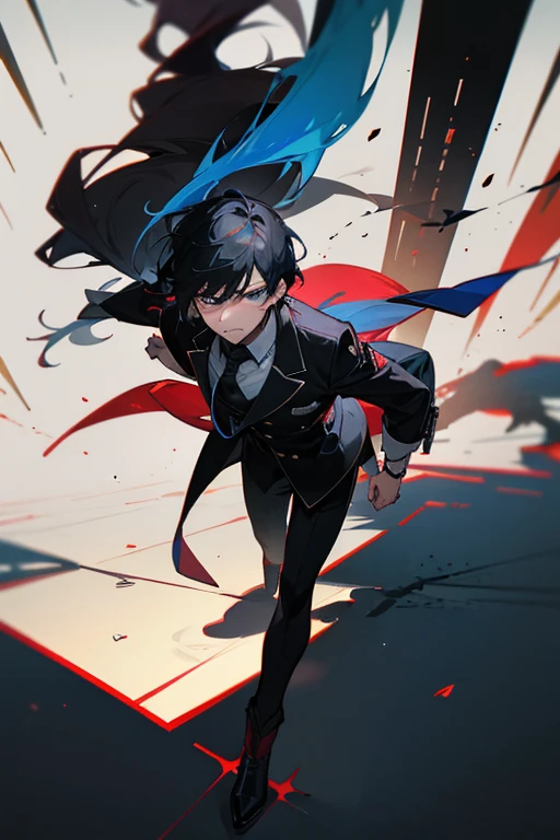 Create a boy, a 10 year old who has very long, spiky black hair who has a black jacket with some skulls on it, black pants also with lots of white skulls, sunglasses and shows off his beautiful blue eyes, who has hair that is well hydrated very beautiful and cute and that the person wears a small black scarf and a black headset that has spikes to give it a style and that it is mounted on a motorcycle that has a flame design