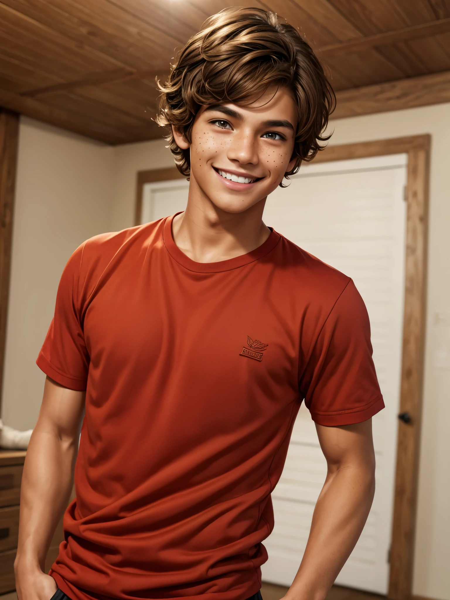 (best quality), 1boy, male, tanned skin, brown hair, shorthair, wavy hair, hazel eyes, perfect eyes, freckles, red clothes, smile, boyish, masterpiece, anatomically correct, highres
