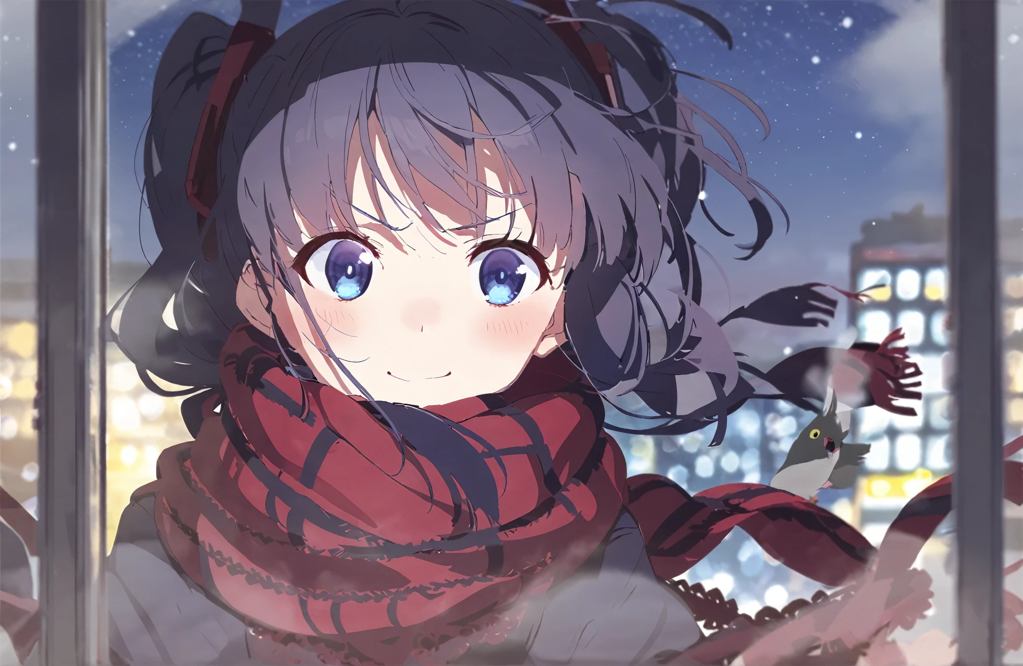 1 Girl，Profile，Blue Eyes，Black twin ponytails，Dark red lace skirt，Glowing pigeon，night，Light Particles，Blurred foreground，Fisheye lens，Looking out the window，Smile，scarf，Frown，，blush，Tsundere