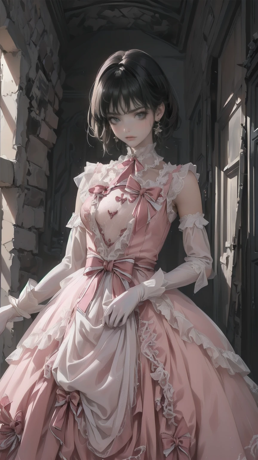 (Highly detailed eyes), (((Fabric Shading))), (((Please redeem))), (((Tabletop))), (((Super fine CG))), Written boundary depth, ******, (((Magical Girl))), (small), (small breasts), Pink Hair, ((short hair)), Pink Eyes, (((Pink satin dress, Sleeveless satin dress))), Pink satin skirt, Pleated skirt, ((Elbow Gloves)), Long gloves, White satin gloves, White garter belt, White satin knee socks, White satin color, Pink satin ribbon on chest, (((Highly detailed and super shiny satin garment))), (((Ultra-shiny, smooth satin gloves))), (((Game CG))), ((Nearby sky, Old ruins)), ((Heavy latex rain)), ((Narrow Passage)), (Manly, anger, discovery, side)
