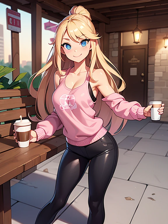 (masterpiece:1.2), best quality, high resolution, unity 8k wallpaper, (illustration:0.8), (beautiful detailed eyes:1.6), extremely detailed face, perfect lighting, extremely detailed CG, (perfect hands, perfect anatomy), 1girl, solo, blonde hair, blue eyes, she’s a freshman sorority girl. (holding a coffee cup:1.3). (Wearing: opened pink jacket, baggy grey tank-top, tight black leggings and pink Ugg boots). Thrilled smile on her face, she’s ready for adventure, she’s standing. Background: outdoors, college campus.