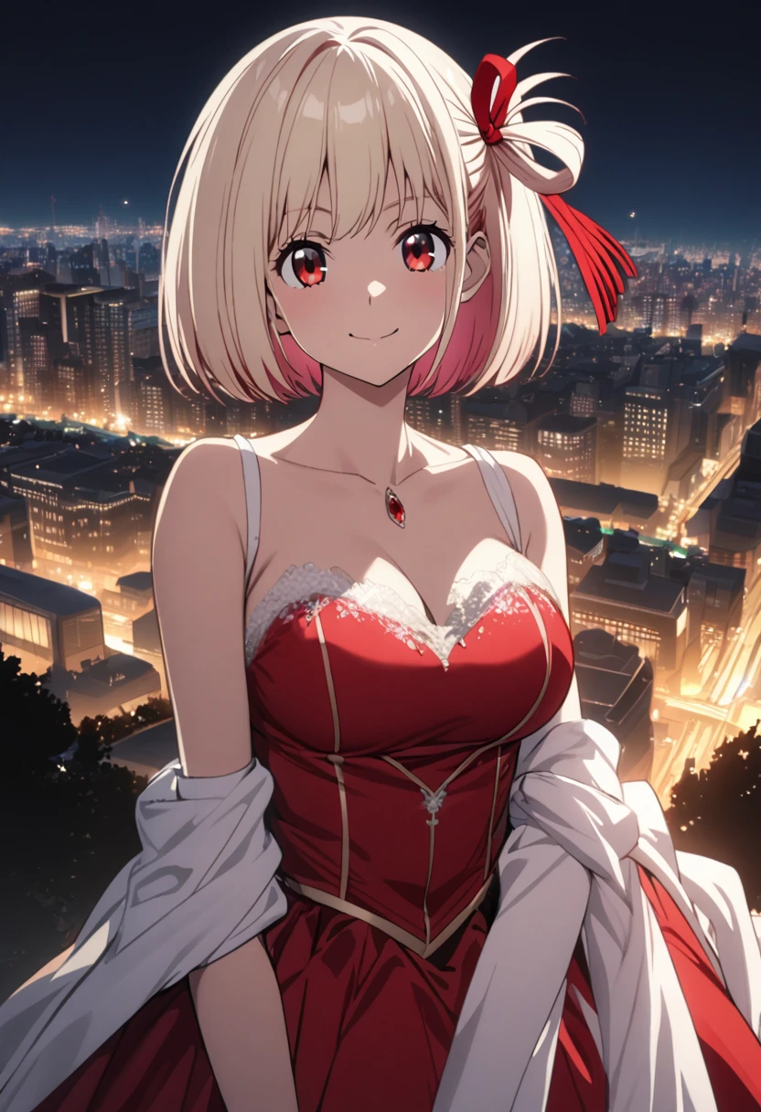 chisato nishikigi, short hair, bangs, blonde hair, red eyes, hair ribbon, one side up, bob cut, large breast, smile, ball gown, black and white ball gown, red skirt, night, city, solo, ultra-detailed,