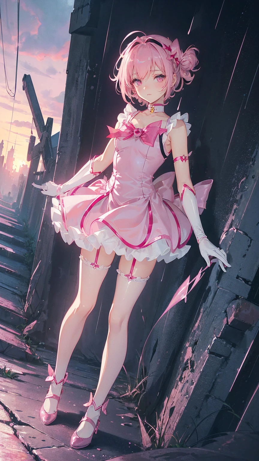 (Highly detailed eyes), (((Fabric Shading))), (((Please redeem))), (((Tabletop))), (((Super fine CG))), Written boundary depth, ******, (((Magical Girl))), (small), (small breasts), Pink Hair, ((short hair)), Pink Eyes, (((Pink satin dress, Sleeveless satin dress))), Pink satin skirt, Pleated skirt, ((Elbow Gloves)), Long gloves, White satin gloves, White garter belt, White satin knee socks, White satin color, Pink satin ribbon on chest, (((Highly detailed and super shiny satin garment))), (((Ultra-shiny, smooth satin gloves))), (((Game CG))), ((Nearby sky, Old ruins)), ((Heavy latex rain)), ((Narrow Passage)), (Manly, anger, discovery, side)
