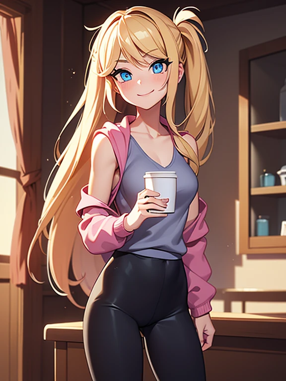 (masterpiece:1.2), best quality, high resolution, unity 8k wallpaper, (illustration:0.8), (beautiful detailed eyes:1.6), extremely detailed face, perfect lighting, extremely detailed CG, (perfect hands, perfect anatomy), 1girl, solo, blonde hair, blue eyes, she’s a freshman sorority girl. (holding a coffee cup:1.3). (Wearing: opened pink jacket, baggy grey tank-top, tight black leggings). Thrilled smile on her face, she’s ready for adventure, she’s standing. Background: outdoors, college campus.