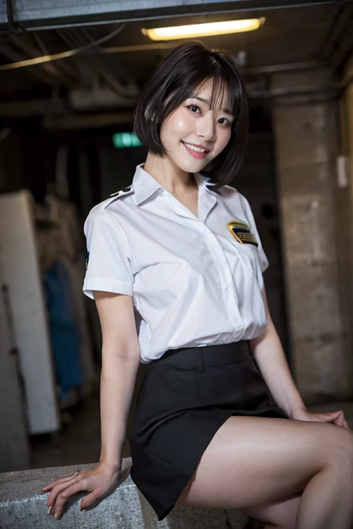 ((Best Quality)), ((masterpiece)), (detailed), One Girl, Age 25,police officer, nsfw, Perfect body, Wicked Smile, From below, Black Hair, short hair, Stand in front, Gazing ahead, Sitting, Lift up your skirt, Showing white panties, Secret Underground Base