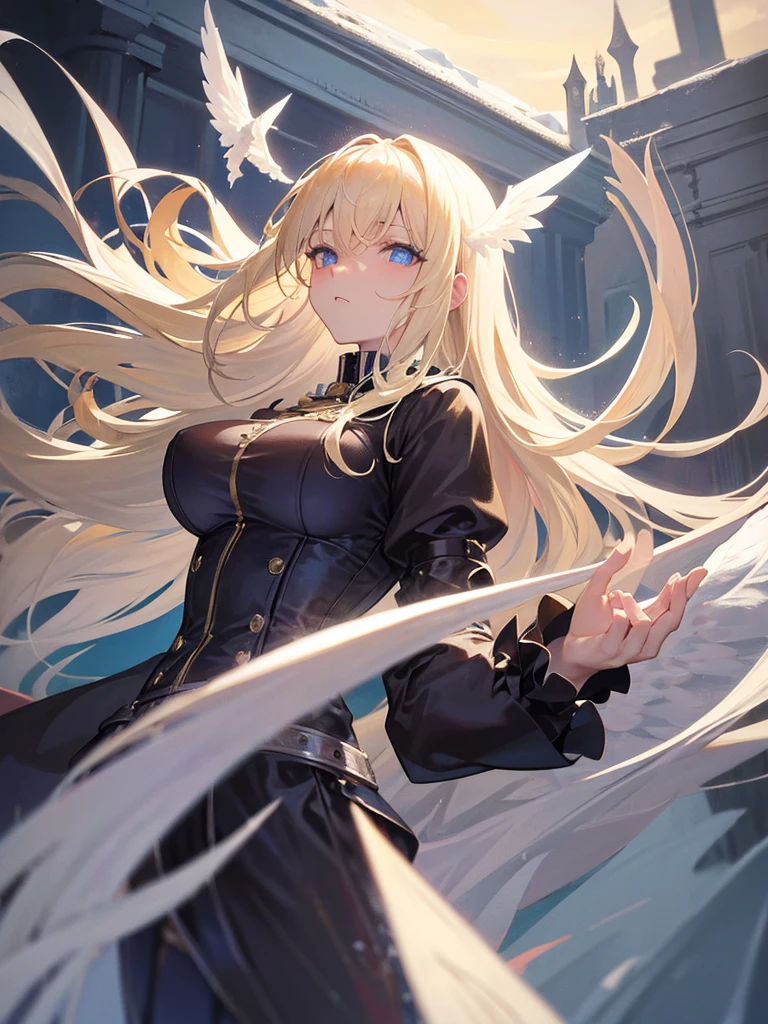 Light blonde hair , It has white wings. , Blue eyes , Big Breasts , Wearing gothic clothes , Cold face , Arrogant eyes , The backdrop is medieval. , Anime style images