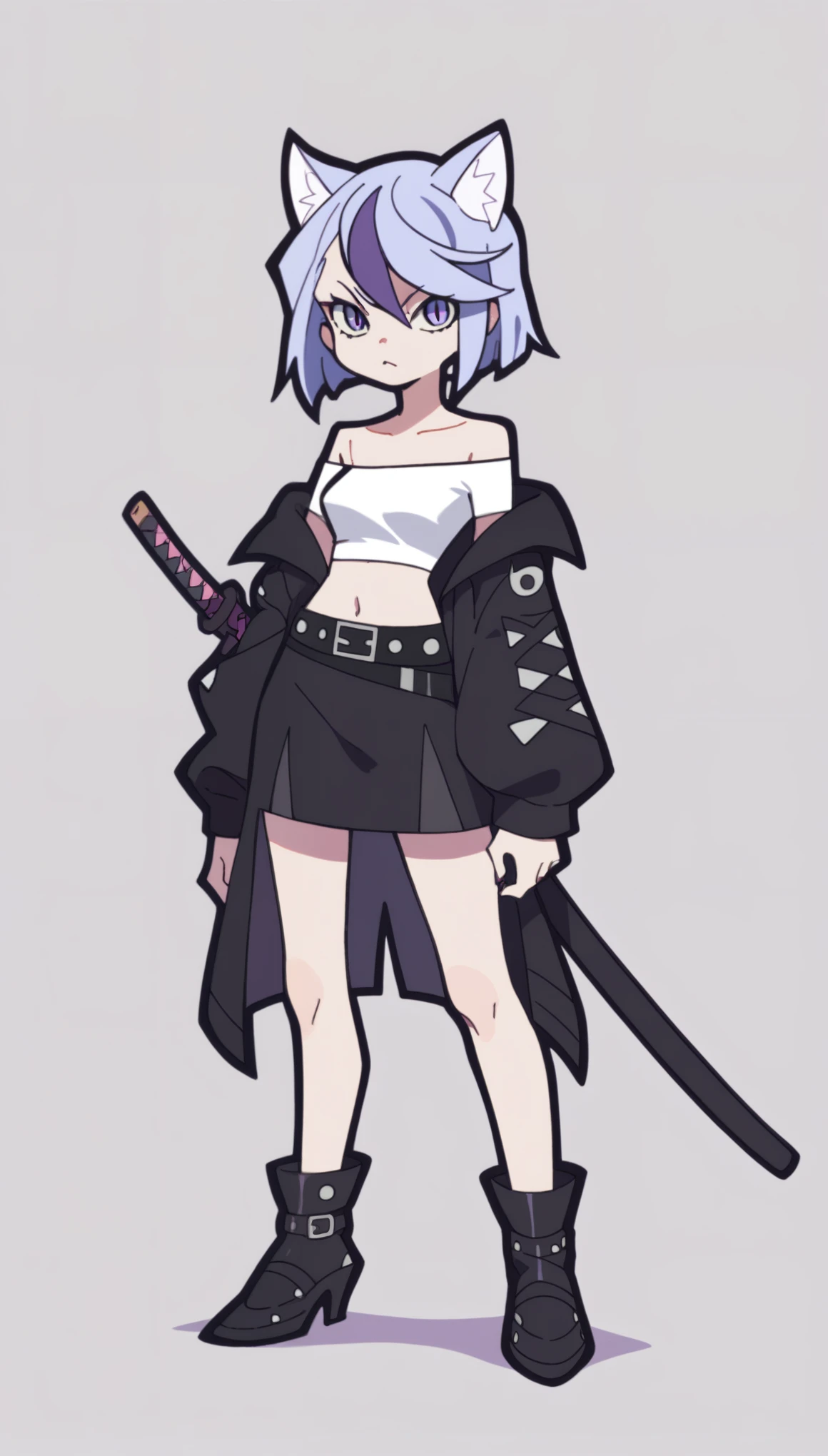 p&s style, rating_safe, score_10, fullbody, 1girl, solo, thick outline, black outline, anime colored, white background, (front view), purple silver middle hair, cat ears, purple eye, White  crop_top, put on a off shoulder black open hoodie, black slit skirt, leather belt, katana, cyber punk,