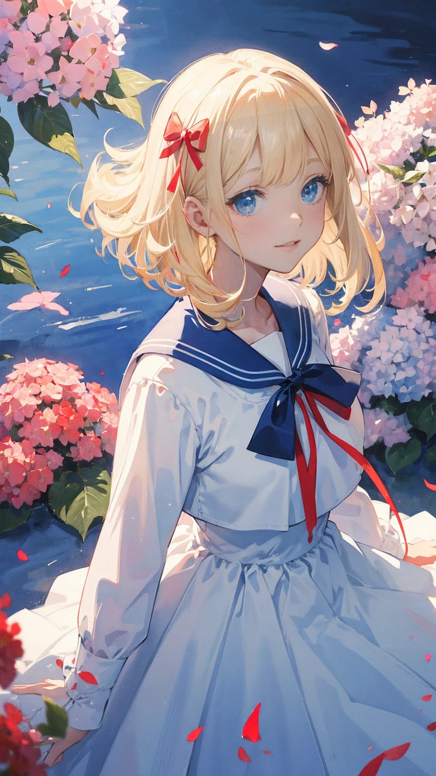 Best Quality,masterpiece,Watercolor style,girl,blonde,blue eyes,White Dress,Red Ribbon Hydrangea,after the rain,rainbow,Looking up at the sky,smile,The light spreads,White Dress,Sailor collar,Long sleeve,Dark blue on the cuff,Line on the cuff,,Shortcuts,
