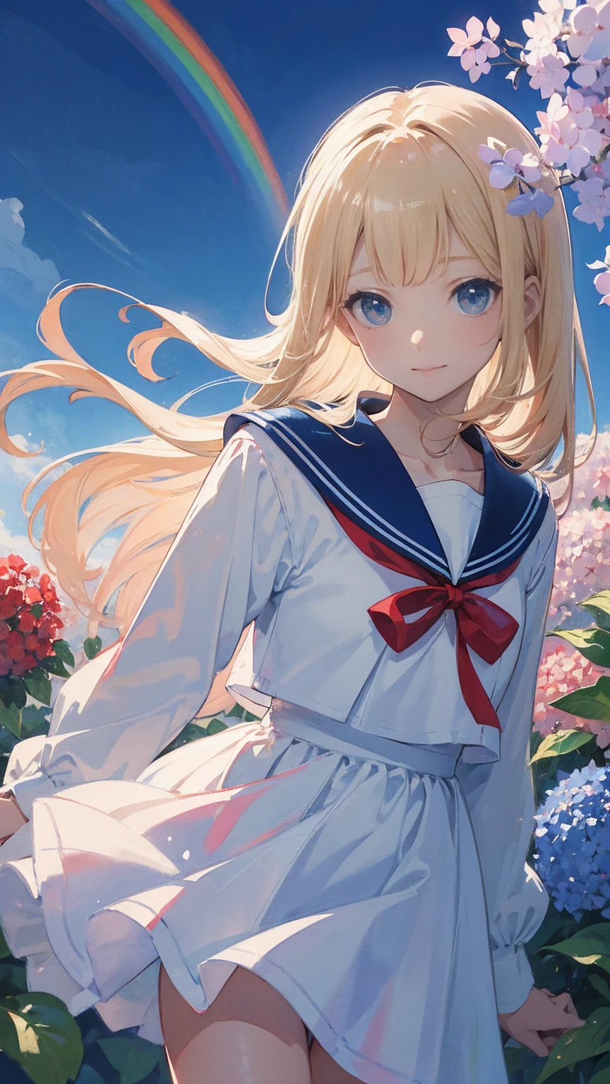 Best Quality,masterpiece,Watercolor style,girl,blonde,blue eyes,White Dress,Red Ribbon Hydrangea,after the rain,rainbow,Looking up at the sky,smile,The light spreads,White Dress,Sailor collar,Long sleeve,Dark blue on the cuff,Line on the cuff,,Shortcuts,
