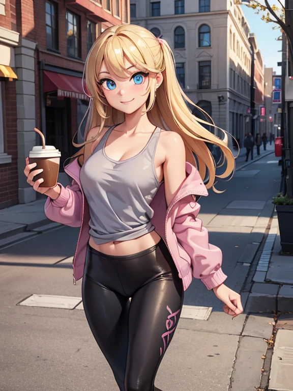 (masterpiece:1.2), best quality, high resolution, unity 8k wallpaper, (illustration:0.8), (beautiful detailed eyes:1.6), extremely detailed face, perfect lighting, extremely detailed CG, (perfect hands, perfect anatomy), 1girl, solo, blonde hair, blue eyes, she’s a freshman sorority girl. (holding a coffee cup:1.3). (Wearing: opened pink jacket, baggy grey tank-top, tight black leggings). Thrilled smile on her face, she’s ready for adventure, she’s standing. Background: outdoors, college campus.