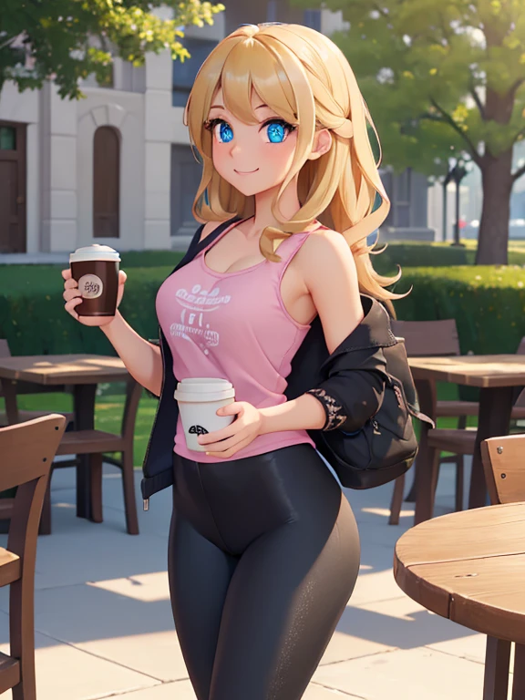 (masterpiece:1.2), best quality, high resolution, unity 8k wallpaper, (illustration:0.8), (beautiful detailed eyes:1.6), extremely detailed face, perfect lighting, extremely detailed CG, (perfect hands, perfect anatomy), 1girl, solo, blonde hair, blue eyes, she’s a freshman sorority girl. (holding a coffee cup:1.3). (Wearing: opened pink jacket, baggy grey tank-top, tight black leggings). Thrilled smile on her face, she’s ready for adventure, she’s standing. Background: outdoors, college campus.