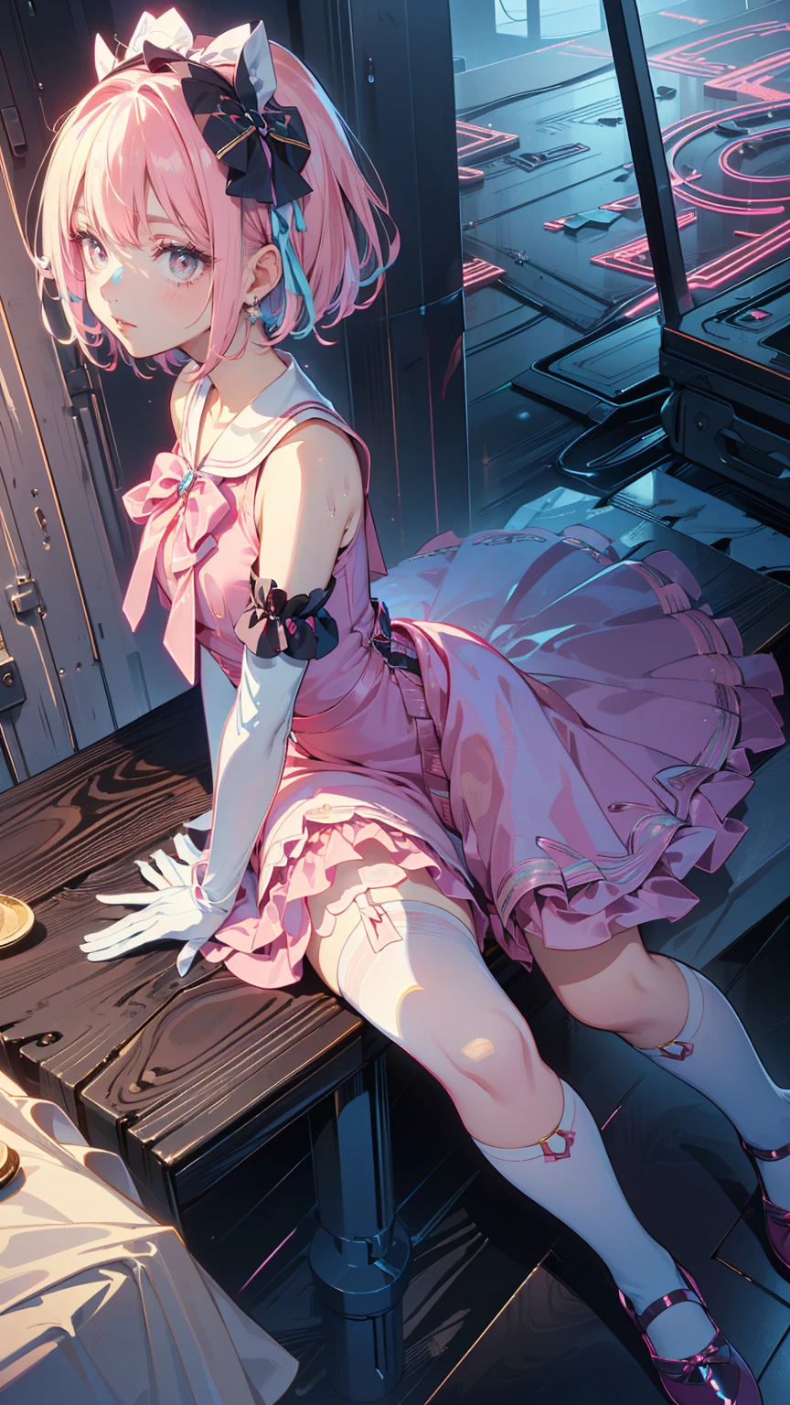 (Highly detailed eyes), (((Fabric Shading))), (((Please redeem))), (((Tabletop))), (((Super fine CG))), Written boundary depth, , (((Magical Girl))), (small), (small breasts), Pink Hair, ((short hair)), Pink Eyes, (((Pink satin dress, Sleeveless satin dress))), Pink satin skirt, Pleated skirt, ((Elbow Gloves)), Long gloves, White satin gloves, White garter belt, White satin knee socks, White satin color, Pink satin ribbon on chest, (((Highly detailed and super shiny satin garment))), (((Ultra-shiny, smooth satin gloves))), (((Game CG))), ((Nearby sky, Old ruins)), ((Heavy latex rain)), ((Narrow Passage)), (Manly, anger, discovery, side)
