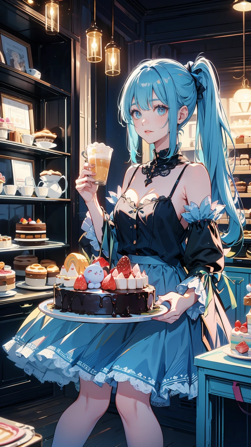 High resolution、detailed background、Beautiful Face、Beautiful, smooth skin、Skin Texture、cute10代の美少女、Realistic、Perfect body line、Braided ponytail、cute髪型、Quiet atmosphere、Happy expression、Upper Body、Tea time at the cafe、(Enjoy cakes and sweets while chatting at a cute cafe:1.5)、Choose white or pastel colors for your lace tops and flared skirts...、Sandals or heels、Lace tops are see-through, Wear it with an inner camisole for an elegant look....、Choose a light-colored lace blouse、Add some feminine movement with a pleated skirt.Adding lace to the sleeves and collar of the blouse makes it even more cute.、Choose a colorful lace camisole、Add elegance with a midi skirt。、cute、masterpiece:1.5、
