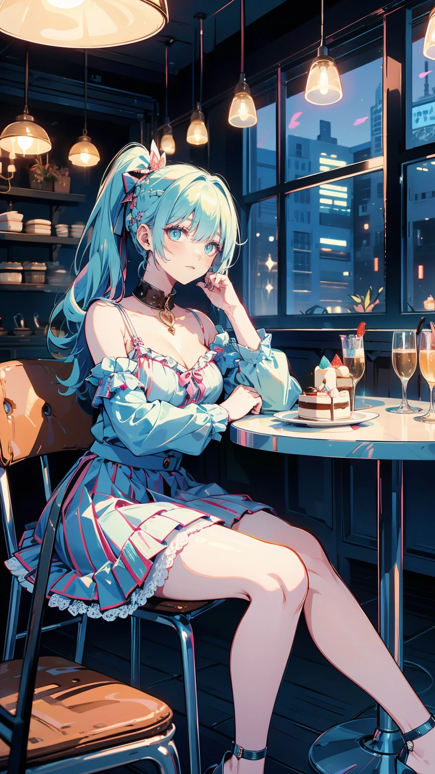 High resolution、detailed background、Beautiful Face、Beautiful, smooth skin、Skin Texture、cute10代の美少女、Realistic、Perfect body line、Braided ponytail、cute髪型、Quiet atmosphere、Happy expression、Upper Body、Tea time at the cafe、(Enjoy cakes and sweets while chatting at a cute cafe:1.5)、Choose white or pastel colors for your lace tops and flared skirts...、Sandals or heels、Lace tops are see-through, Wear it with an inner camisole for an elegant look....、Choose a light-colored lace blouse、Add some feminine movement with a pleated skirt.Adding lace to the sleeves and collar of the blouse makes it even more cute.、Choose a colorful lace camisole、Add elegance with a midi skirt。、cute、masterpiece:1.5、
