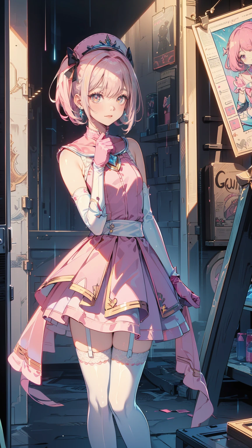 (Highly detailed eyes), (((Fabric Shading))), (((Please redeem))), (((Tabletop))), (((Super fine CG))), Written boundary depth, , (((Magical Girl))), (small), (small breasts), Pink Hair, ((short hair)), Pink Eyes, (((Pink satin dress, Sleeveless satin dress))), Pink satin skirt, Pleated skirt, ((Elbow Gloves)), Long gloves, White satin gloves, White garter belt, White satin knee socks, White satin color, Pink satin ribbon on chest, (((Highly detailed and super shiny satin garment))), (((Ultra-shiny, smooth satin gloves))), (((Game CG))), ((Nearby sky, Old ruins)), ((Heavy latex rain)), ((Narrow Passage)), (Manly, anger, discovery, side)
