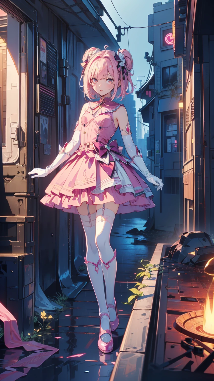 (Highly detailed eyes), (((Fabric Shading))), (((Please redeem))), (((Tabletop))), (((Super fine CG))), Written boundary depth, Age 15, (((Magical Girl))), (small), (small breasts), Pink Hair, ((short hair)), Pink Eyes, (((Pink satin dress, Sleeveless satin dress))), Pink satin skirt, Pleated skirt, ((Elbow Gloves)), Long gloves, White satin gloves, White garter belt, White satin knee socks, White satin color, Pink satin ribbon on chest, (((Highly detailed and super shiny satin garment))), (((Ultra-shiny, smooth satin gloves))), (((Game CG))), ((Nearby sky, Old ruins)), ((Heavy latex rain)), ((Narrow Passage)), (Manly, anger, discovery, side)
