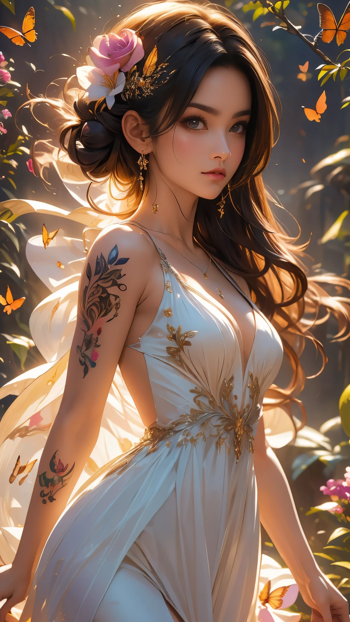 Actual work of art, masterpiece, (best quality), ((Best detail)), Depth of field, a beautiful girl walking towards the viewer from the bottom up, Beautiful face beautiful, model body, nature, flower, colorful landscape, flowers, butterfly, glow dress, element, futuristic city, intricate details, attention to detail, pass award, 8k, Clear quality, Surrealism, exquisite handmade dress. Dreamy, outstanding, Irresistible, seductive, brilliant, Holy, beautiful, Excellent, Gorgeous, Very cute, graceful, wonderful, watercolor, work of art. Tattoos.