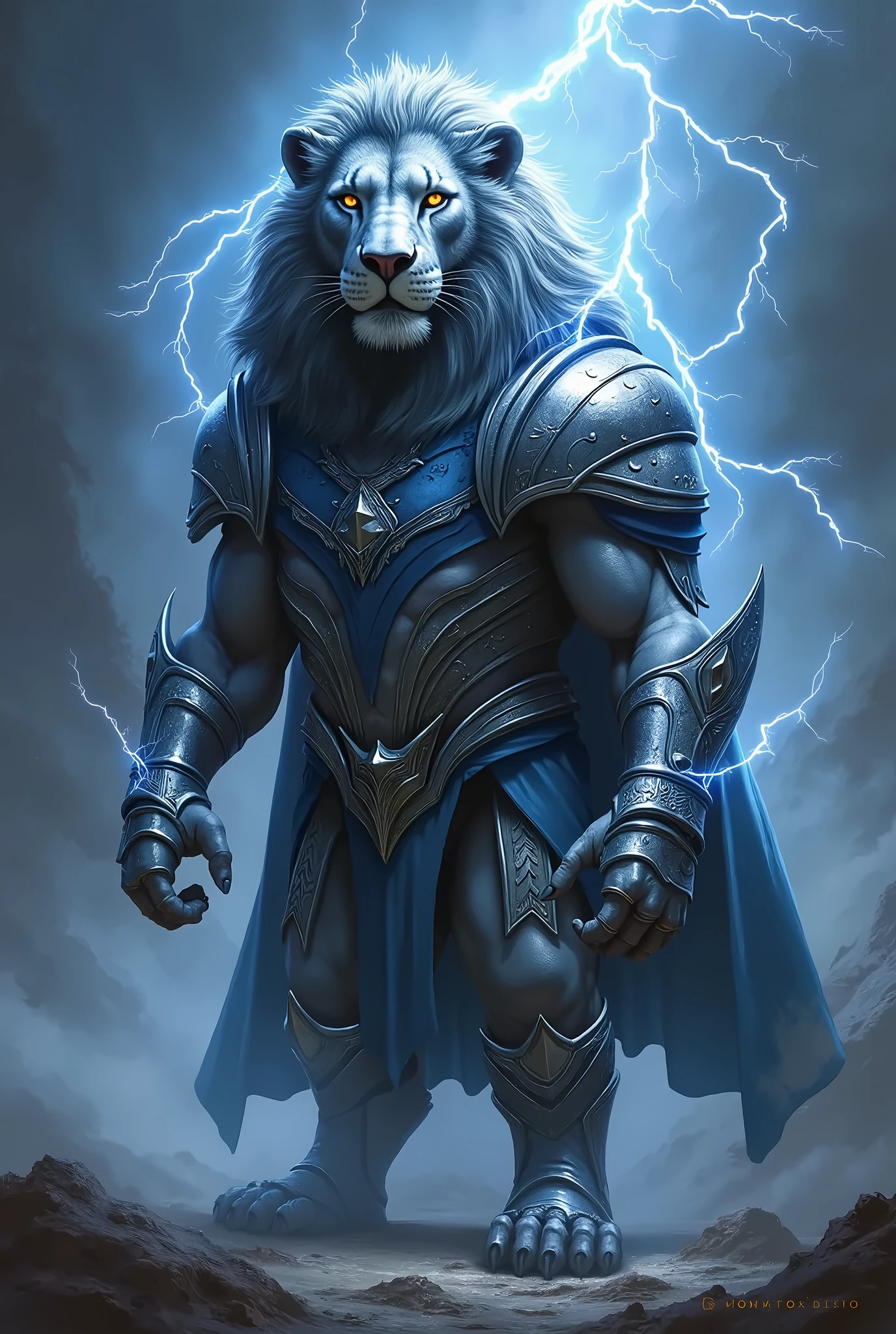 Imposing lion stands imposing in a lost Gothic city. Moonlight highlights your muscles and scars. The scenery is lush and mysterious with nebula background, with futuristic technology and surroundings. The camera details everything, a warrior woman, in front of him. --auto --s2