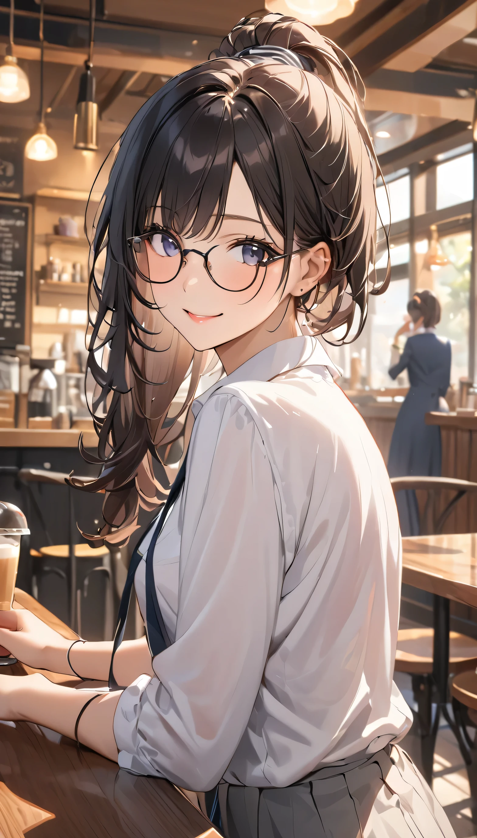 masterpiece, girl, Wearing glasses, Black Hair, older sister, Tie your hair in a ponytail, Smile at the speaker, High-quality images, masterpiece, beautiful girl, Cafe