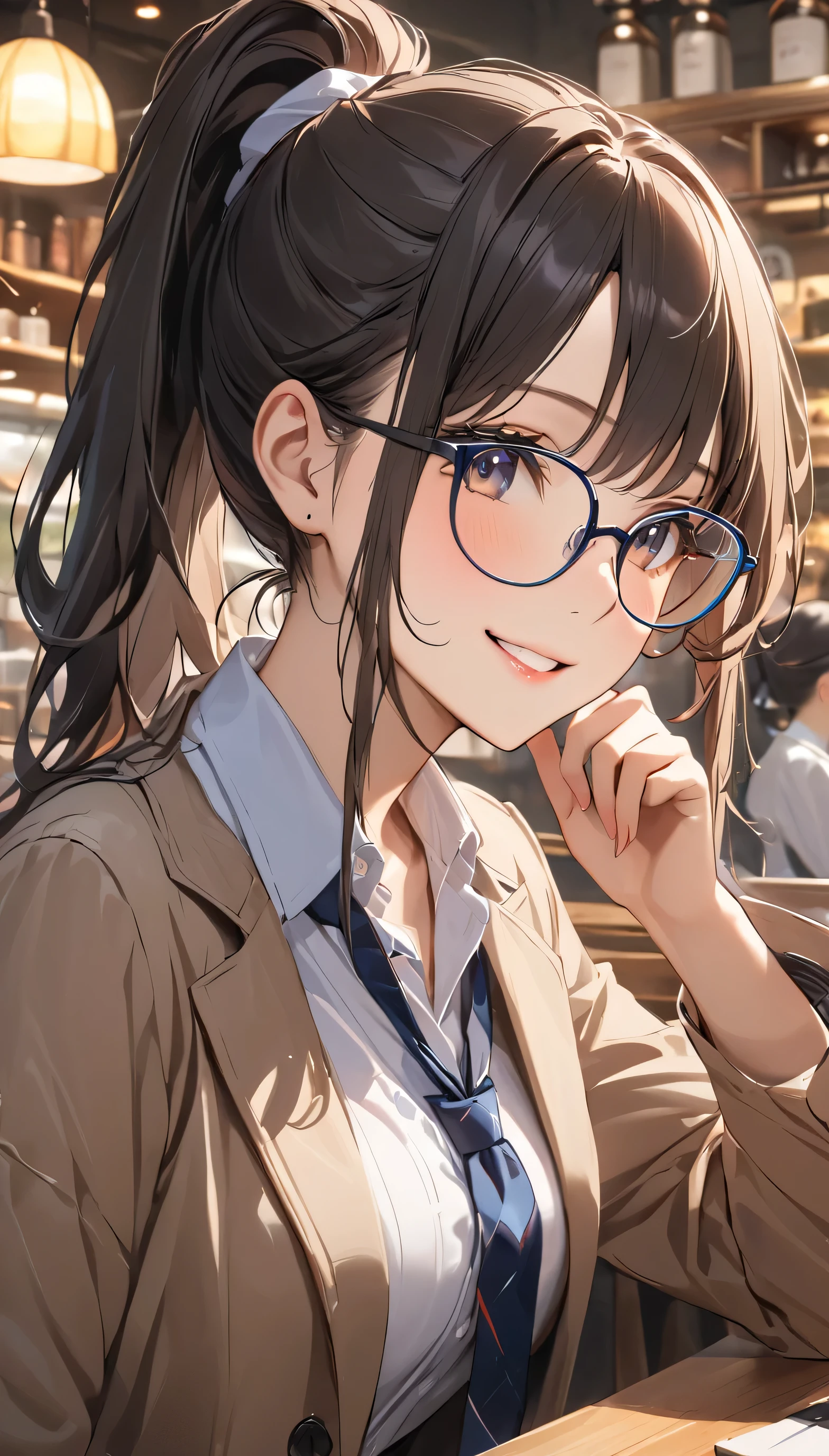 masterpiece, girl, Wearing glasses, Black Hair, older sister, Tie your hair in a ponytail, Smile at the speaker, High-quality images, masterpiece, beautiful girl, Cafe