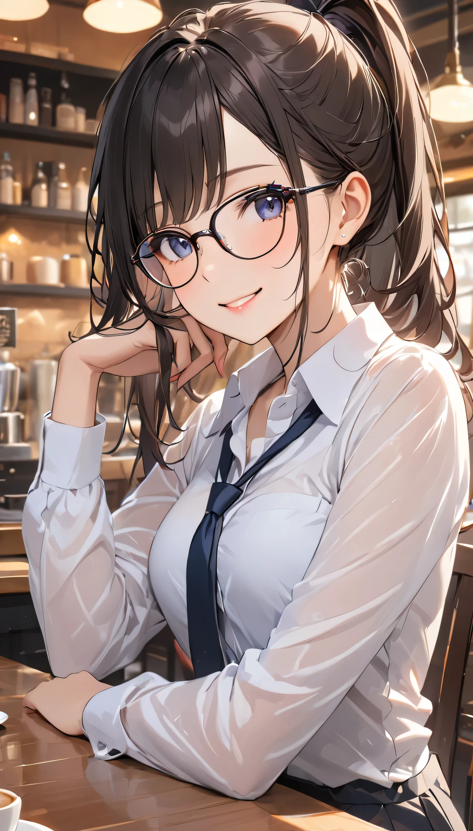 masterpiece, girl, Wearing glasses, Black Hair, older sister, Tie your hair in a ponytail, Smile at the speaker, High-quality images, masterpiece, beautiful girl, Cafe