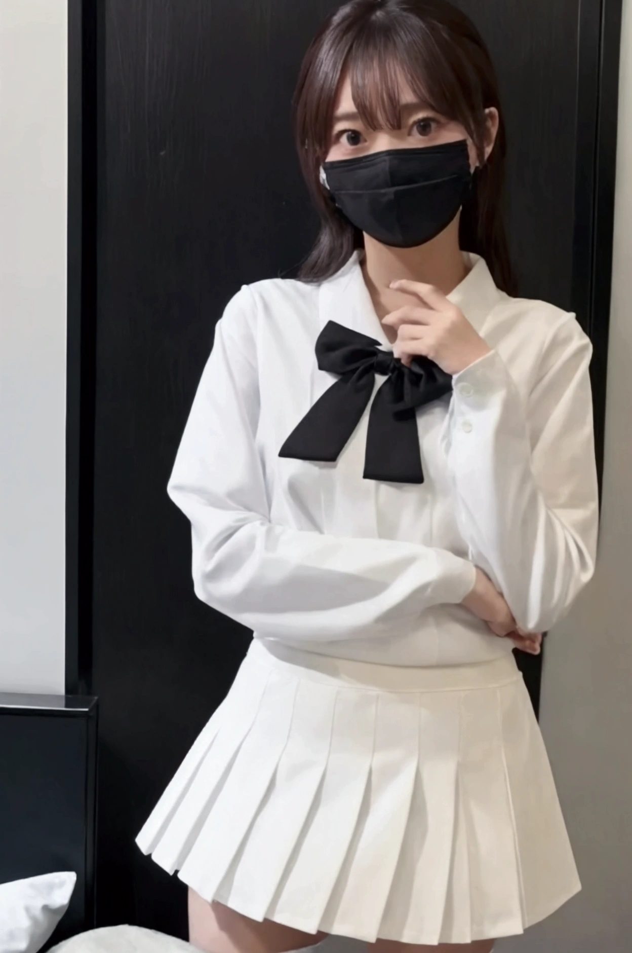(masterpiece:1.2), Japanese, (((18 years old))), (a girl), (opened mouth wide), (skirt), ((small ribbon)), (((legs spread wide))), ((mouth mask)), on a bed, (((panty))), ((collared shirt)), short hair,